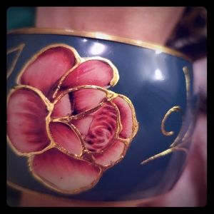 Wide Cuff Bracelet Blue with enameled Rose